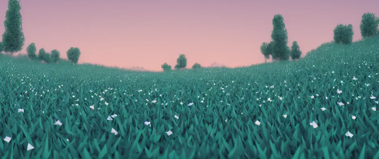 Image similar to 3 d render, low poly art, minimalist, flowers, teal sky, lowpoly, field of dreams, particles floating, unreal engine, dreamy, bokeh, bounce light, radiant lighting