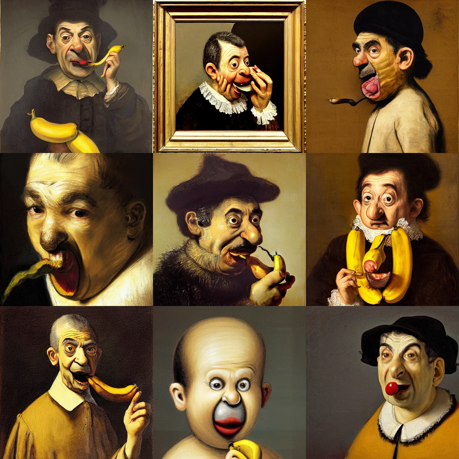 Prompt: A portrait of strabismus Mister Bean eating a banana, painted by Rembrandt.