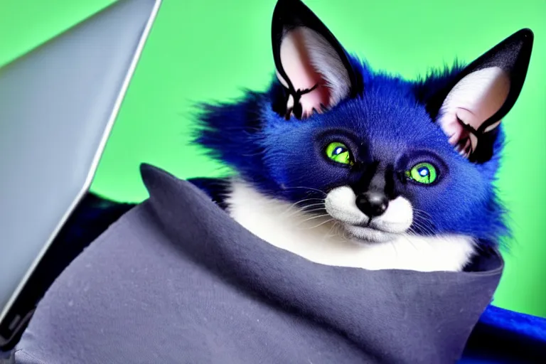 Image similar to a blue - and - black male blue / green heterochromatic catbat fursona with blue / green heterochromatic eyes ( one eye green ) and huge bat ears, photo of the catbat streaming on his computer