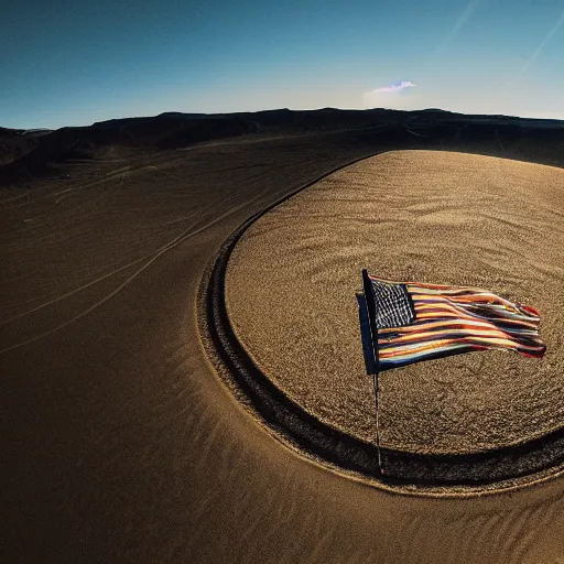 Image similar to gwenn - ha - du flag in the middle of a desert, gopro photograph, drone shot