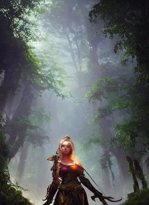 Image similar to Beautiful art portrait of a female fantasy fighter mage in a bright temple surrounded by lush forest, atmospheric lighting, intricate detail, cgsociety, hyperrealistic, octane render, RPG portrait, ambient light, dynamic lighting