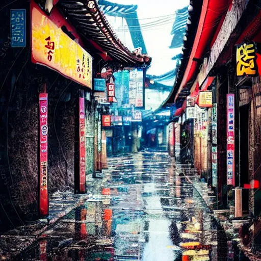 Prompt: cyberpunk ancient korean street, rainy day, digtal art