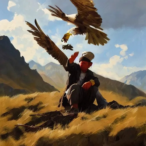 Image similar to greg manchess painting of eagle hunter sitting on the background of mountains in kyrgyzstan, medium shot, asymmetrical, organic painting, sunny day, matte painting, bold shapes, hard edges, street art, trending on artstation, by huang guangjian and gil elvgren and sachin teng