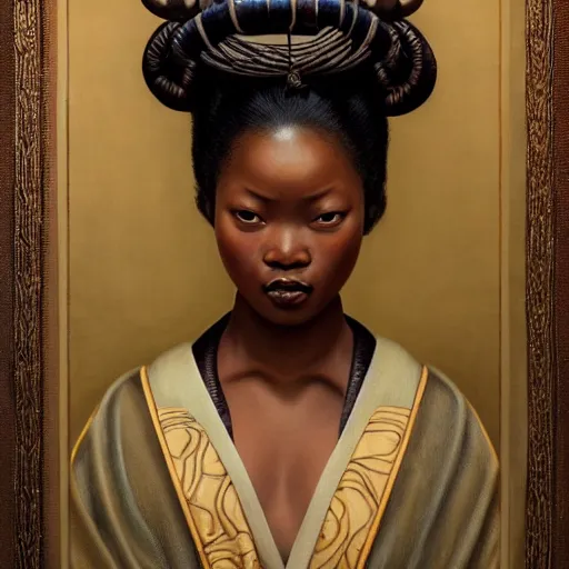 Image similar to highly detailed oil painting | very intricate | cinematic lighting | award - winning | the african geisha in an exquisite himba kimono | by roberto ferri, by tom bagshaw, by j. c. leyendecker and klimt, beautiful cinematic light, american romanticism, by austin osman spare, artstation, cgsociety, official art, octane