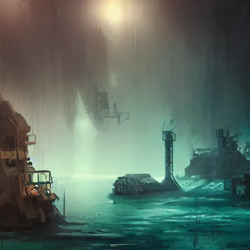 Prompt: underwater mining station, dark, sinister, brush strokes, heavy paint, gradients, highly detailed, cinematic matte painting, concept art, smooth, sharp focus