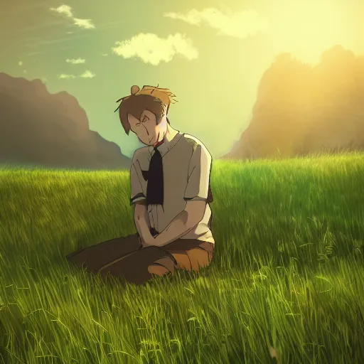 Prompt: scotland man eating marijuana brownies angle, serious, extremely detailed, made by wlop and studio ghibli, cinematic lighting, full body portrait, illustration, grass, sunny, clouds, sky, anime, side view,