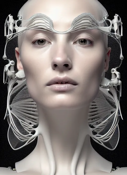 Image similar to complex 3d render ultra detailed of a beautiful porcelain profile young woman face, biomechanical cyborg, 150 mm lens, beautiful studio soft light, rim light, silver lemon details, magnolia big lemon and stems, roots, fine foliage lace, mesh wire, Alexander Mcqueen high fashion haute couture, art nouveau fashion embroidered, steampunk, intricate details, hyper realistic, ultra detailed, mandelbrot fractal, anatomical, facial muscles, cable wires, microchip, elegant, octane render, H.R. Giger style, volumetric lighting, 8k post-production