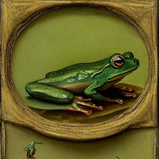 Prompt: frog, green, pond, portrait by Da Vinci