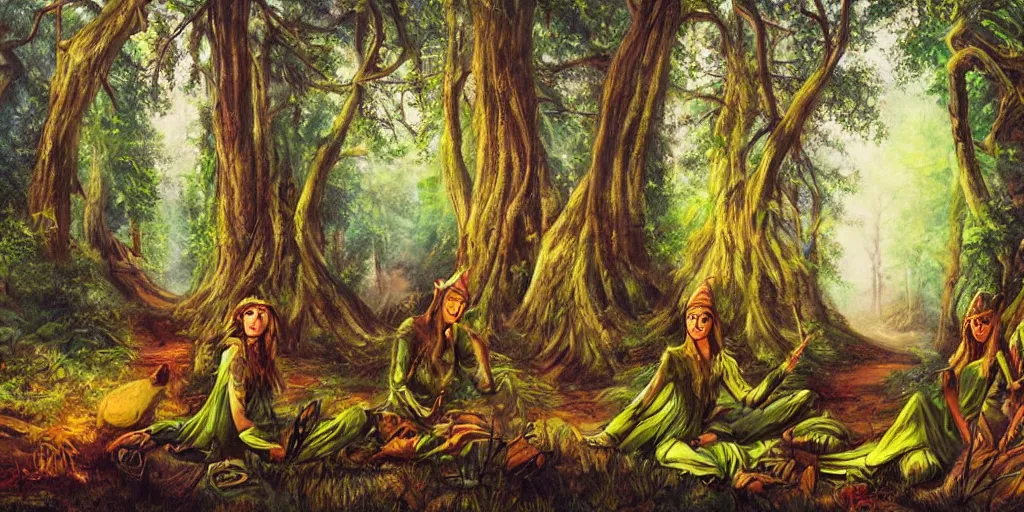 Image similar to painting of elves in a beautiful forest landscape