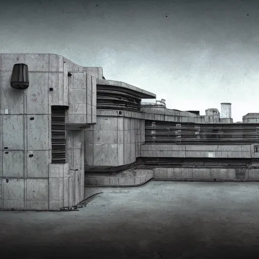 Image similar to scifi brutalist industrial complex, photorealistic