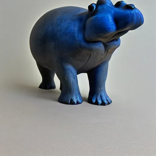 Image similar to a small hippo statue carved from natural wood, dipped in polished blue ceramic, half and half, mixed media, side view