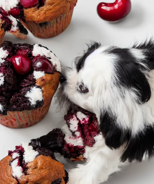 Prompt: black and white japanese chin dog eating cherry muffins