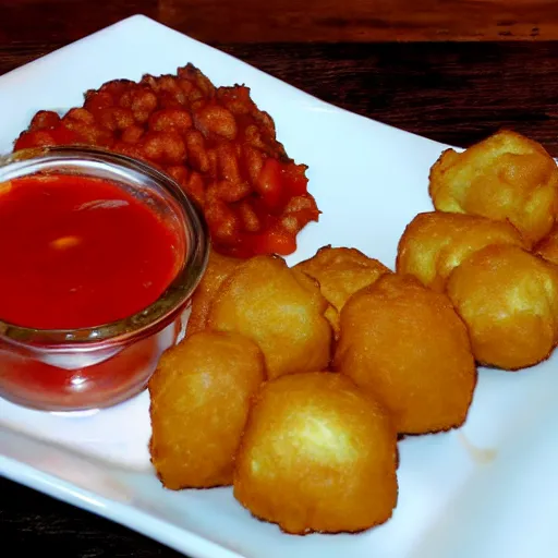 Image similar to food photo of channing tatum's face as giant tater tot on a plate with ketchup