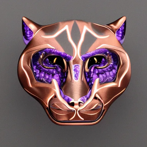 Image similar to panther with rose gold teeth and raw gems inlaid head, 3 / 4 pose, anatomical description, technically exposed, matte black, rose gold, amethyst, high coloration, ambient lightning, highly detailed, 8 k