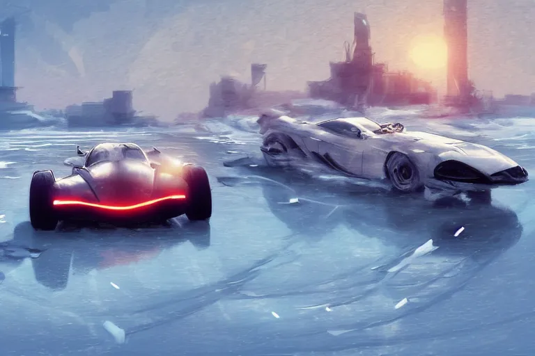 Prompt: dieselpunk mad max mclaren f 1 speeding across a frozen lake in a blizzard by makoto shinkai, ilya kuvshinov, lois van baarle, rossdraws, basquiat