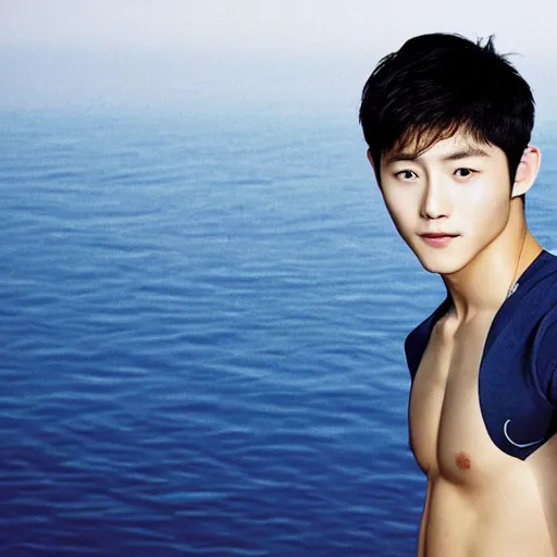 Image similar to song joong - ki portrait, young handsome asian male diver in speedo, muscle, studio photo