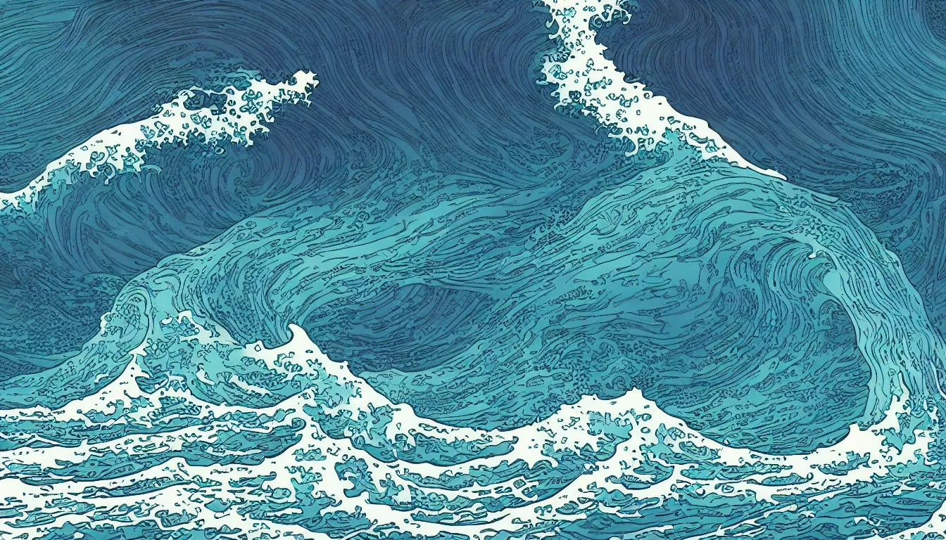 Image similar to ocean wave, land in sight by Kilian Eng, minimalist, detailed