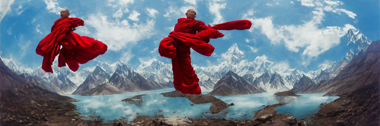 Prompt: a fisheye lens shot on full - frame camera of tibetan monk flying over himalaya mountains lake in weightlessness in traditional red cloth. a lot of flying red fabric around, sky and cloth fabric reflected in blue lake water. illustration by craig mullins, yoji shinkawa, trending on artstation, peter mohrbacher, hyper detailed, intricate, elite, ornate,