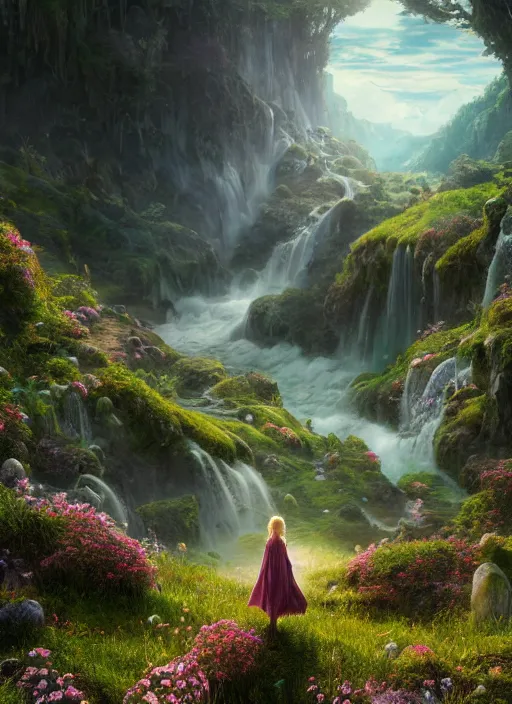 Image similar to a beautiful fairy in the lord of the rings scenery landscape, looking out at a vast lush valley of flowers and mushroom structures, sunrise, god's rays highly detailed, vivid color, cinematic lighting, perfect composition, 8 k, gustave dore, derek zabrocki, greg rutkowski, belsinski, octane render