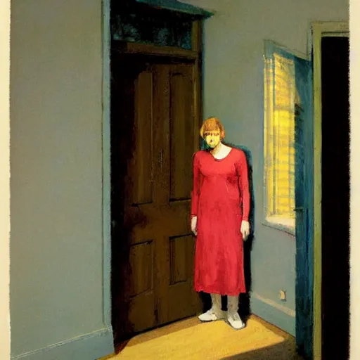 Prompt: a worried person standing in his home in front of the door, vibrant, by akihiko yoshida and edward hopper