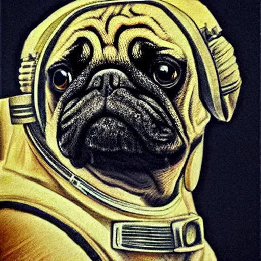 Image similar to pencil art, golden - ratio, spirals, highly detailed, astronaut pug in outer space by davinci.