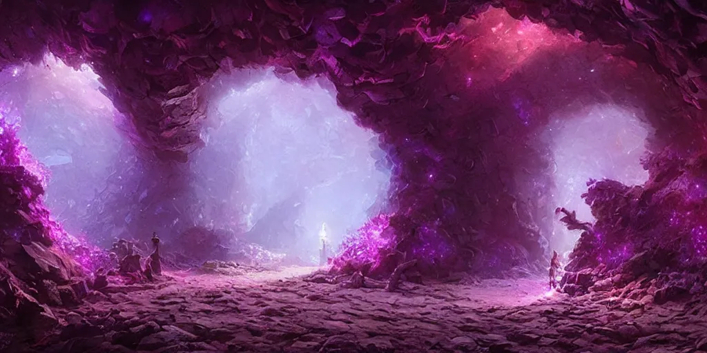 Image similar to beautiful hyper realistic zergling tunnel in cave of purple crystals, beautiful painting by greg rutkowski, atmosphere, ethereal, magic, amazing, positive vibes