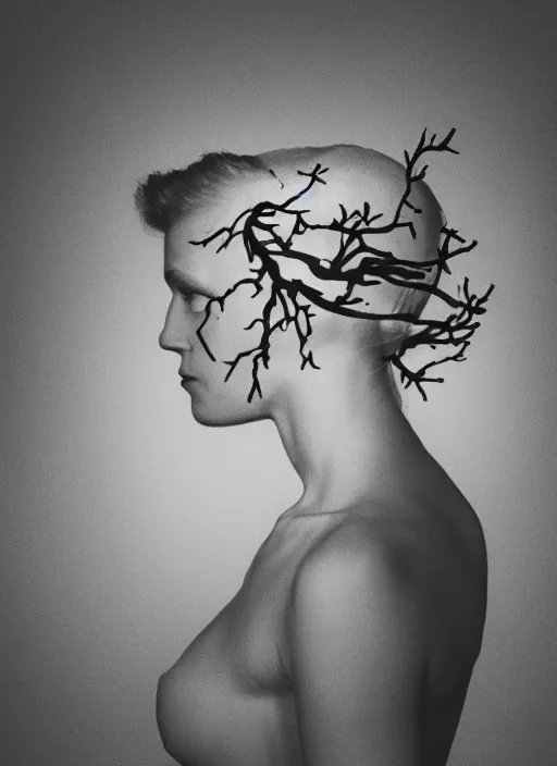 Prompt: a womans face in profile made of branches skeleton in the style of the dutch masters and gregory crewdson dark and moody