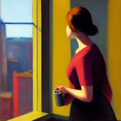 Image similar to “ a girl holding a cup of coffee looking out a window overlooking the east village in new york city, morning light, by edward hopper ”