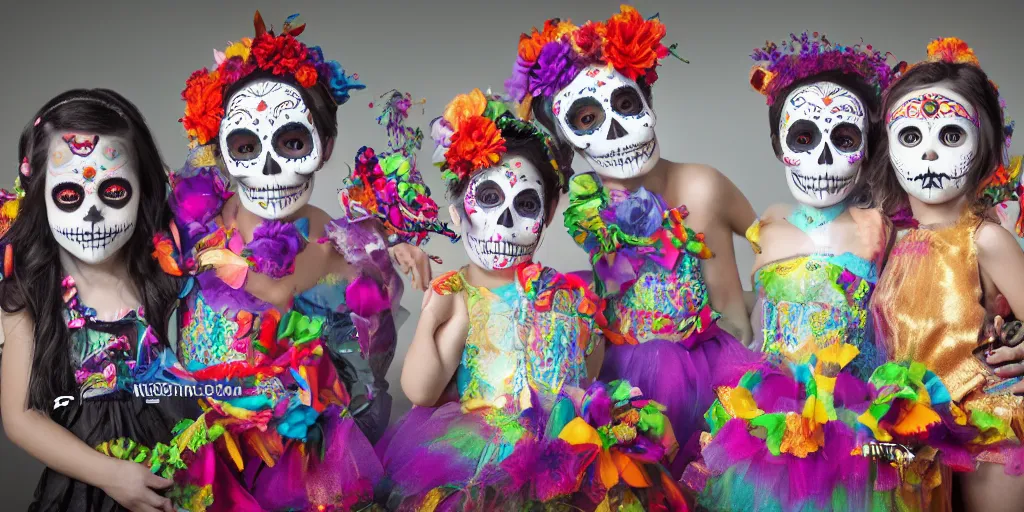 Prompt: day of the dead costumes, kids birthday party, photoshoot, trending magazine, hyperrealistic, octane render,