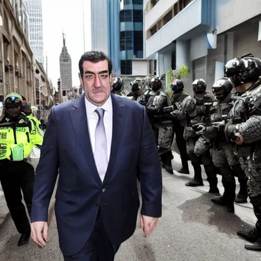 Image similar to evil dan andrews melbourne premier surrounded by swat team