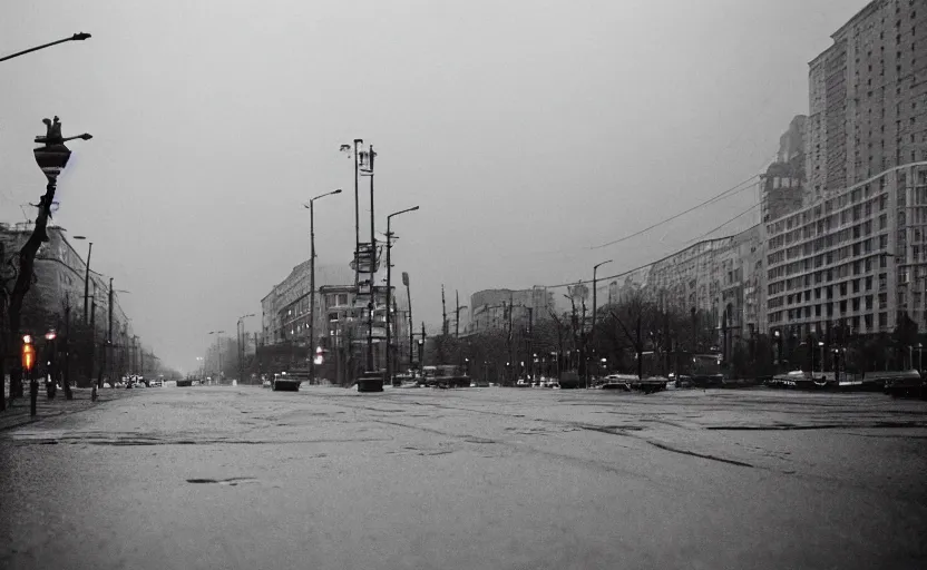 Image similar to 40s movie still of a sovietic street with many pedestrians silhouette with soviet highrise in the backround , Cinestill 800t 18mm, heavy grainy picture, very detailed, high quality, 4k panoramic, HD criterion, dramatic lightning, streetlight at night, rain, mud, foggy, CCCP flags all around