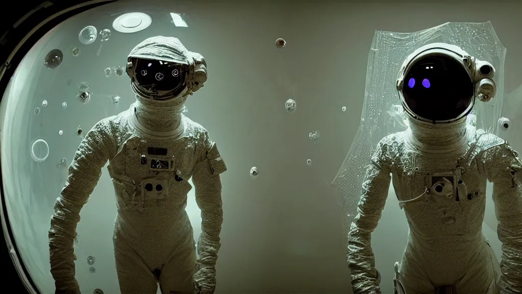 Image similar to a astronaut eva suit covered in diamond 3d fractal lace iridescent bubble 3d skin and covered with insectoid compound eye camera lenses floats through the living room, film still from the movie directed by Denis Villeneuve with art direction by Salvador Dalí, wide lens,