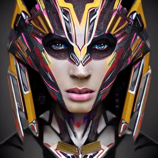 Image similar to a female transformer with tribal paint, flirty eyes, very symmetrical face, highly detailed, by vitaly bulgarov, by steven zavala, by matt tkocz, by shane baxley, transformers cinematic universe, pinterest, deviantart artstation _ h 7 5 0