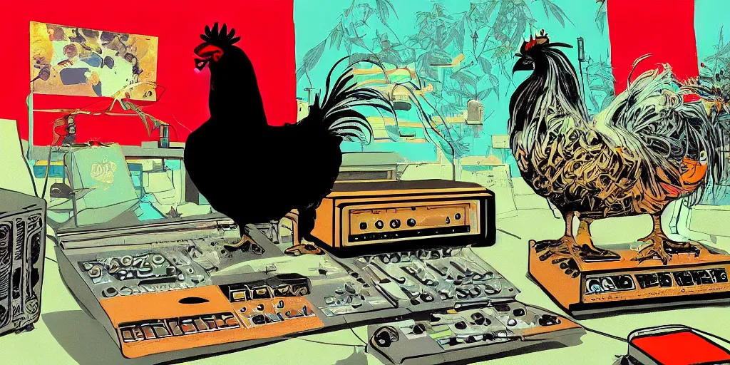 Image similar to 'black rooster'!!! smoking 'cannabis'!!!!!! in front of 'audio console'!!!! and 'multi monitors and projectors'!!!! 'in a hi-tech tv broadcasting studio with red camera rig'!!!!, artwork by James Gilleard