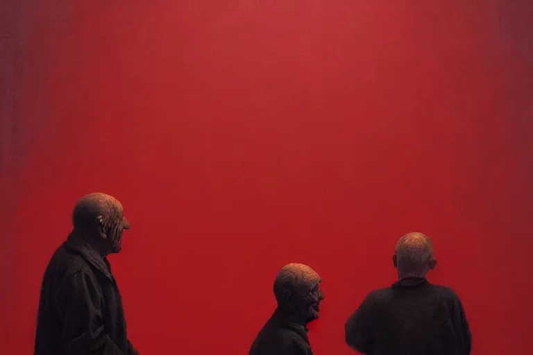 Image similar to only with red, a red old man try to sell a portrait, cheering crowd, in the style of beksinski, parts by edward hopper, parts by rodcenko, parts by yue minjun, intricate and epic composition, red by caravaggio, insanely quality, highly detailed, masterpiece, red light, artstation, 4 k