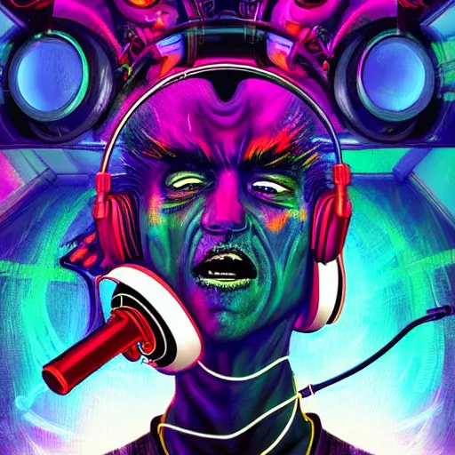 Image similar to psychedelic cyberpunk demon painting, rocking out, wearing headphones, huge speakers, dancing, rave, DJ, spinning records, digital art, amazing composition, rule-of-thirds, award-winning, trending on artstation, featured on deviantart