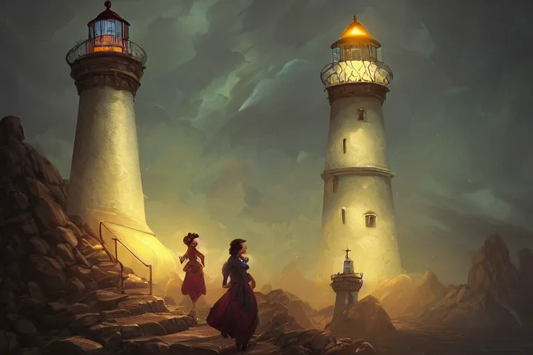 Image similar to a hyperrealistic render of a lighthouse in the victorian era, outdoor, art by Artgerm and Anato Finnstark and Greg Rutkowski and Alphonse Mucha, hearthstone art style, epic fantasty card game art, Beautiful dynamic dramatic moody lighting, shadows, cinematic, Octane, 8K