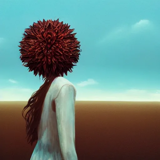 Prompt: closeup giant dahlia flower shoulders head, girl walking between dunes, surreal photography, sunrise, blue sky, dramatic light, impressionist painting, digital painting, artstation, simon stalenhag