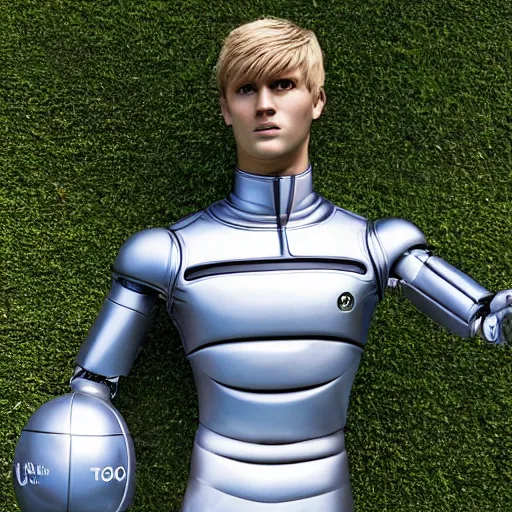 Image similar to a realistic detailed photo of a guy who is an attractive humanoid who is half robot and half humanoid, who is a male android, soccer player martin ødegaard, shiny skin, posing like a statue, blank stare, by the pool, on display, showing off his muscles, humanoid robot, frozen ice statue