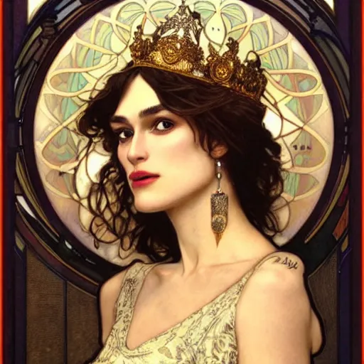 Image similar to keira knightley portrait by louis - theophile hingre and alphonse mucha, realistic, sharp focus, zodiac signs, tarot cards, planets, ethereal, art nouveau, magic, moon, sun, crown, dreamy, royal, jewellery