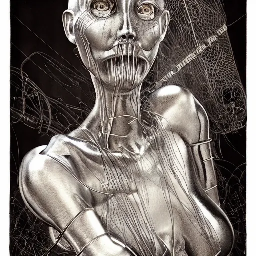 Image similar to 3 d chromium and graphite render of a cyborg machina - nymphette, portrait by tony diterlizzi and h. r giger, ilford hp 5, 5 5 mm, hyper realistic, hyper - mechanistic by artgerm, gustav dore, peter mohrbacher, gothcore, disturbia, joseph christian leyendecker