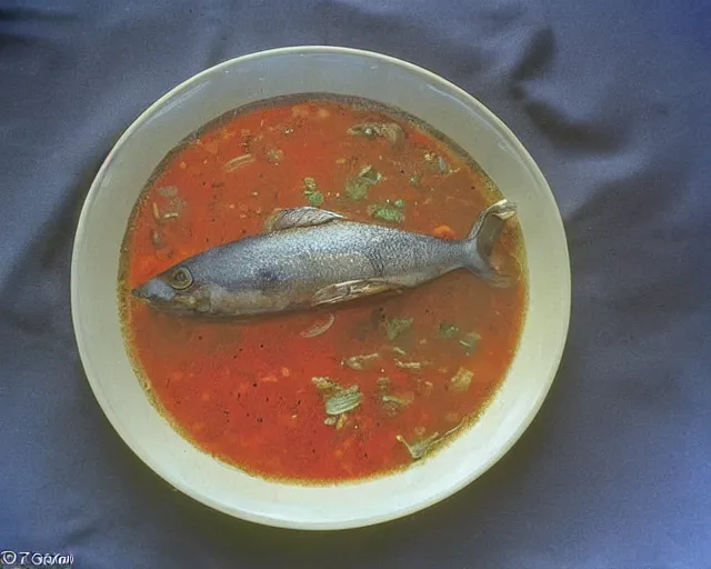 Prompt: 1970's cookbook color photograph of fish head soup sharp detail high detail