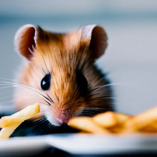 Image similar to detailed photo of a hamster eating fries, fancy restaurant, various poses, full body, unedited, daylight, dof 8 k