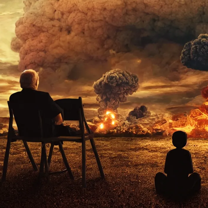 Image similar to cinematic movie close up shot, background blur bokeh, old man sitting with black cat watching nuke explosion close up!, world ending nuke, 4 k