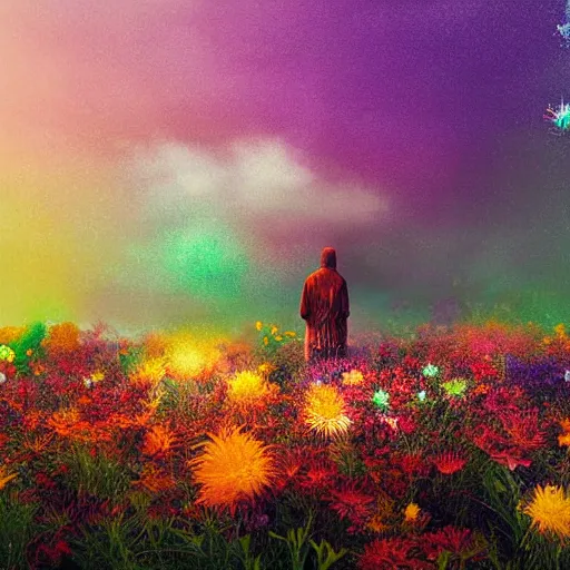 Image similar to spirits over the horizon, spiritual, digital art, warm color palette, colorful, vapor, mist, flowers, floral, diffraction grading, de - noise, by akihito yoshida, by weta fx, by yaoy kusama, by yoshitaka amano