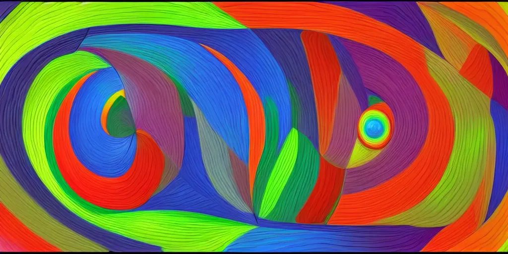 Image similar to an abstract 3d rendering of an abstract by robert delaunay of colorful spirals interacting in complex designs in the fibonacci ratio with smooth color transitions