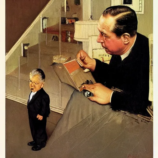 Prompt: Alfred Hitchcock painted by Norman Rockwell
