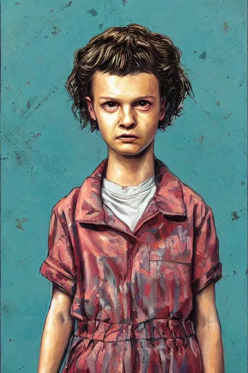Prompt: Eleven from Stranger things by Tim Okamura, character