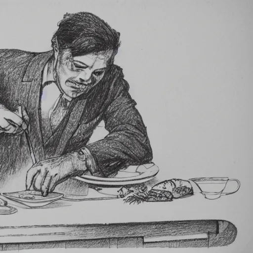 Image similar to pen drawing of a man salting a plate of bacon