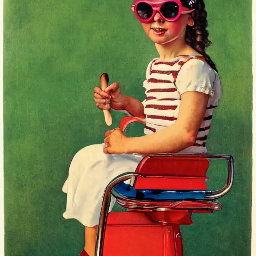 Prompt: a norman rockwell painting of a classic young girl wearing brightly colored cheap sunglasses